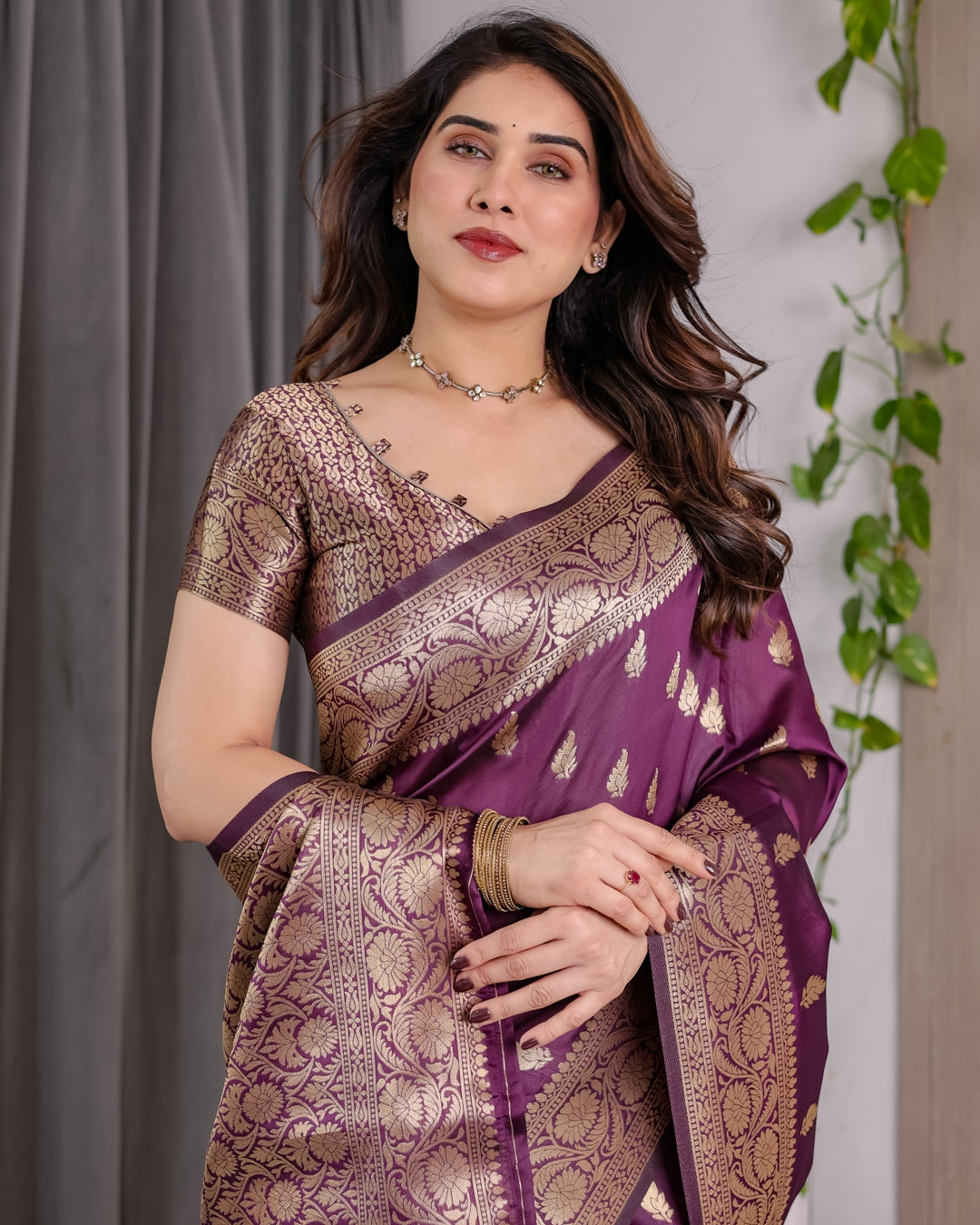 Purple Banarasi Soft Silk Saree With Golden Zari Border for Women