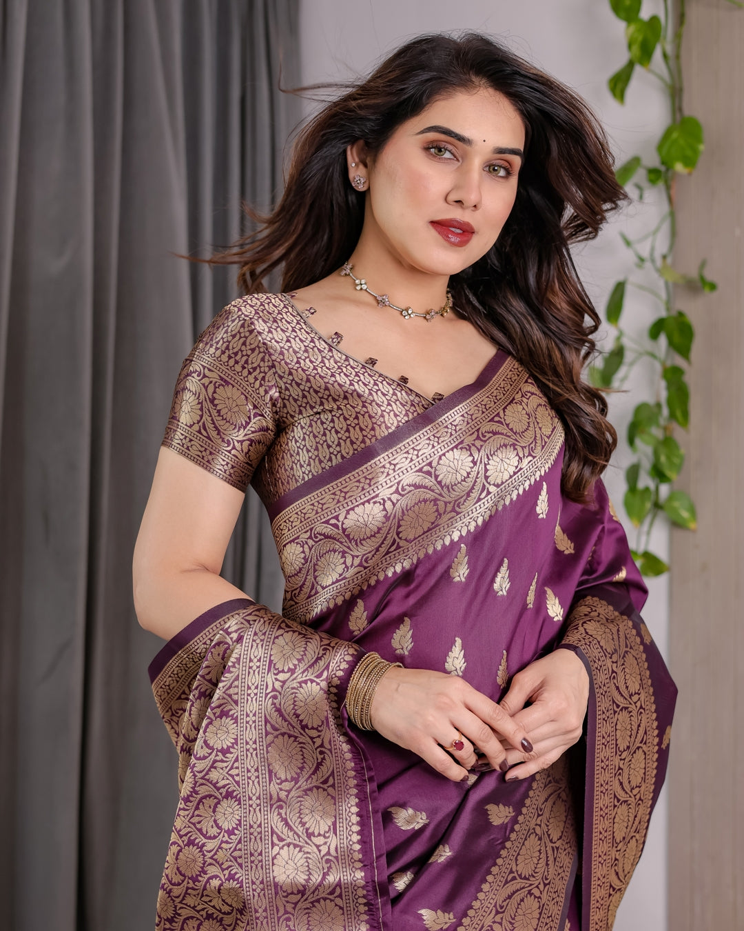 Purple Banarasi Soft Silk Saree With Golden Zari Border for Women