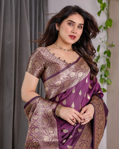Purple Banarasi Soft Silk Saree With Golden Zari Border for Women