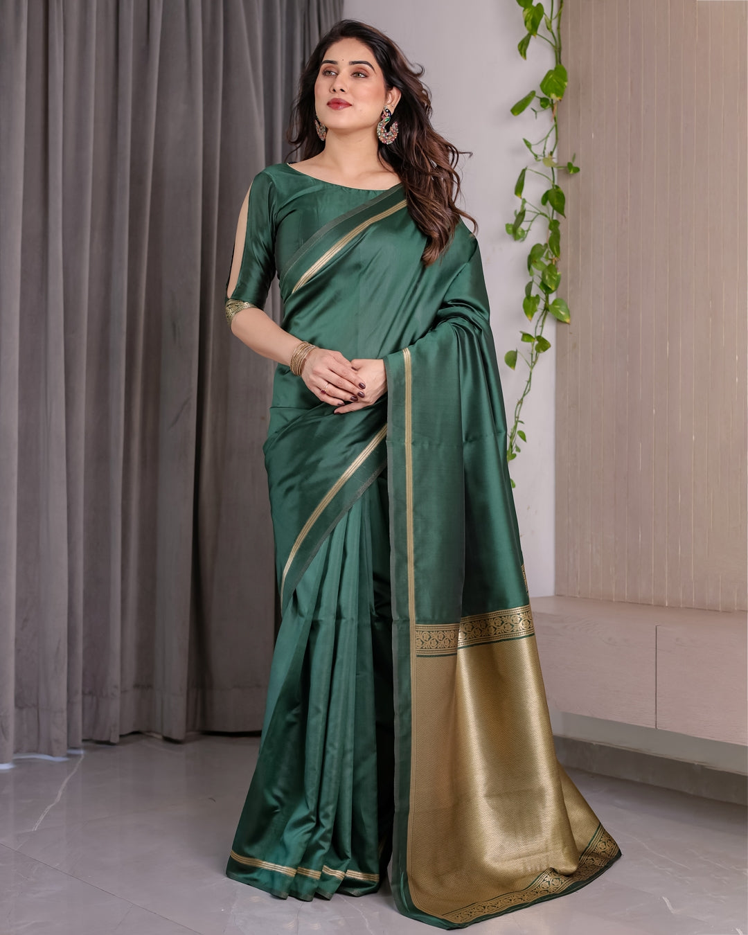 Bottle Green Banarasi Soft Silk Saree with Gold Border for Women