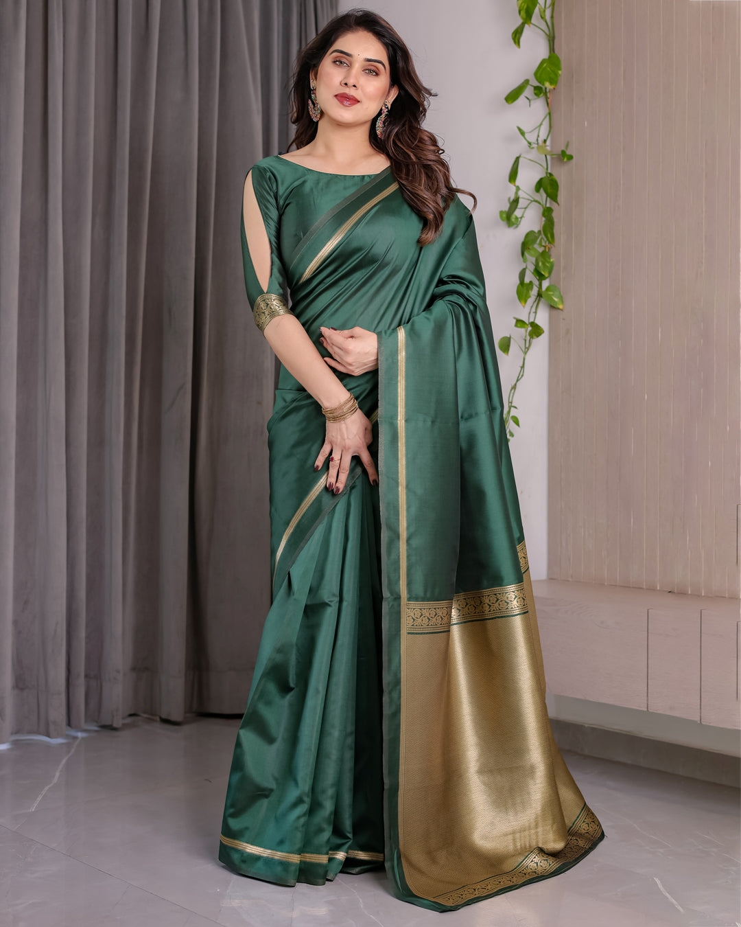 Bottle Green Banarasi Soft Silk Saree with Gold Border for Women