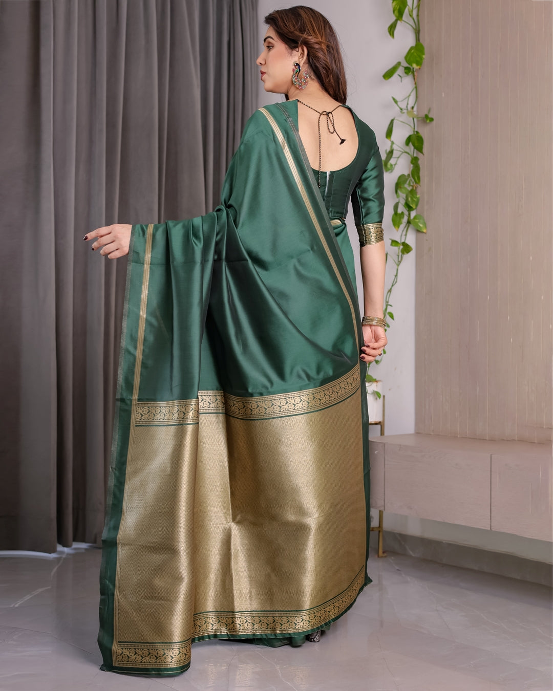 Bottle Green Banarasi Soft Silk Saree with Gold Border for Women
