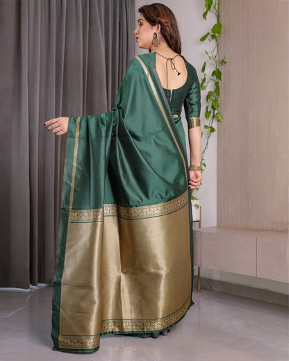Bottle Green Banarasi Soft Silk Saree with Gold Border for Women