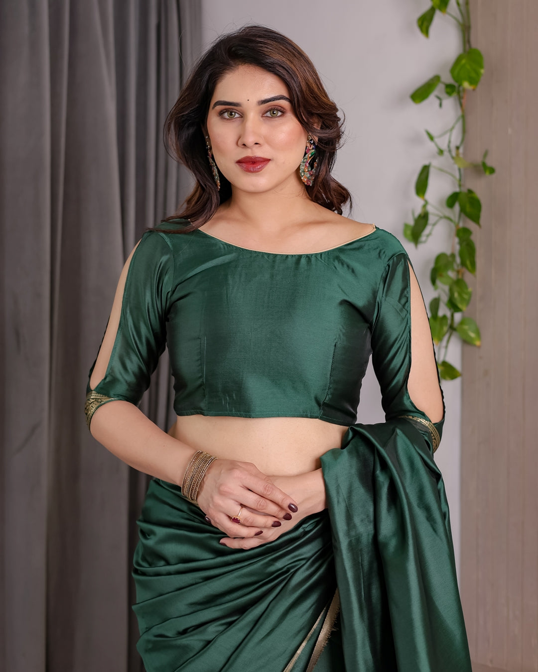 Bottle Green Banarasi Soft Silk Saree with Gold Border for Women