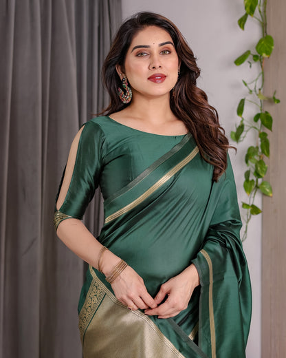 Bottle Green Banarasi Soft Silk Saree with Gold Border for Women