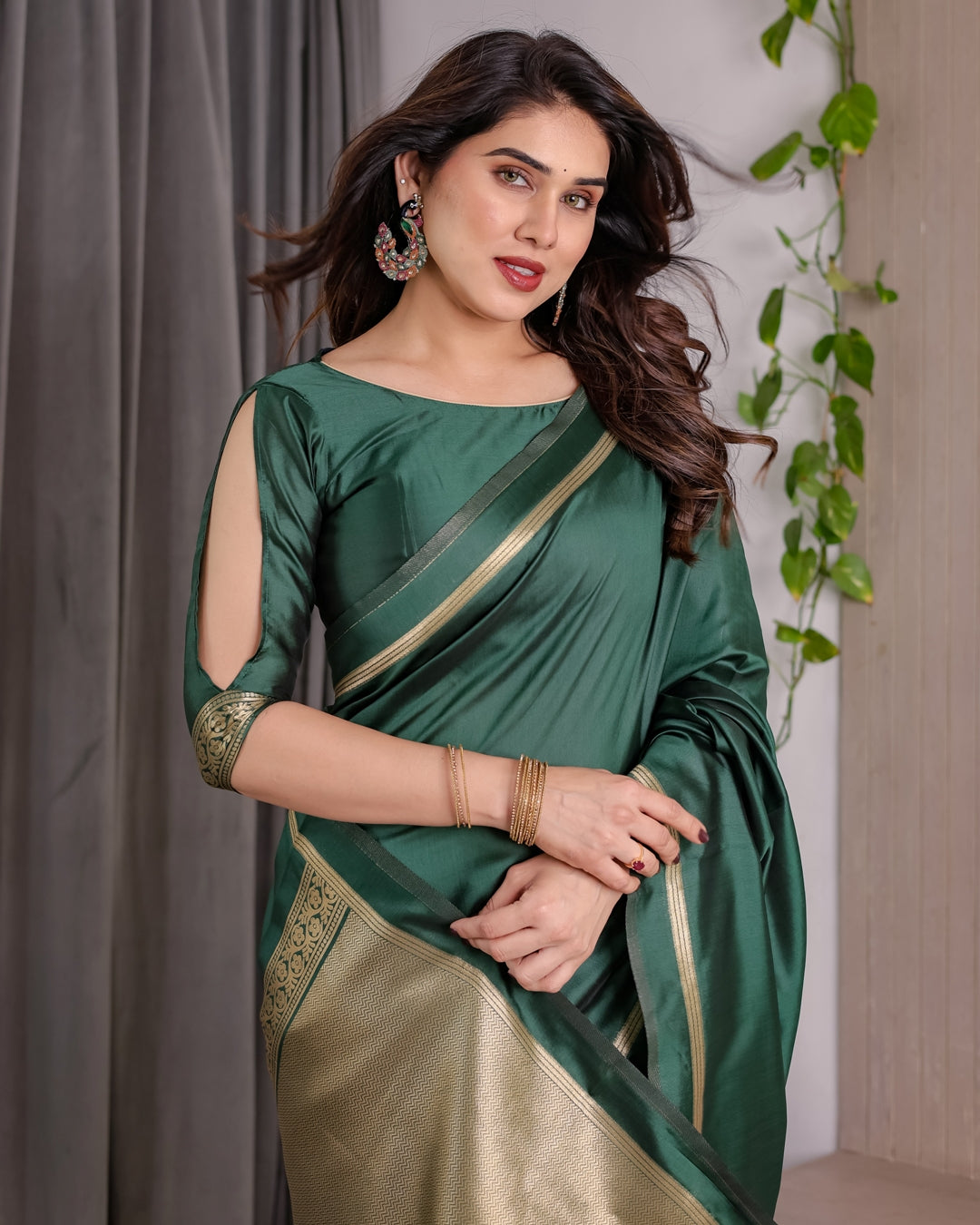 Bottle Green Banarasi Soft Silk Saree with Gold Border for Women