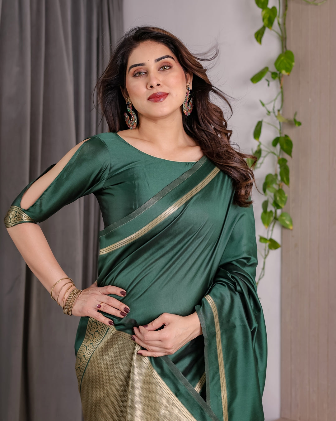 Bottle Green Banarasi Soft Silk Saree with Gold Border for Women