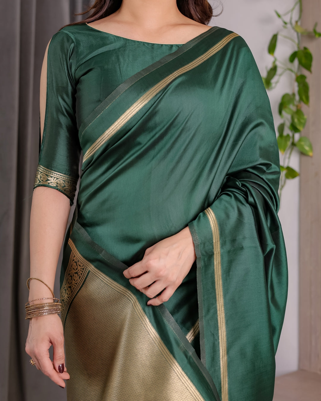 Bottle Green Banarasi Soft Silk Saree with Gold Border for Women