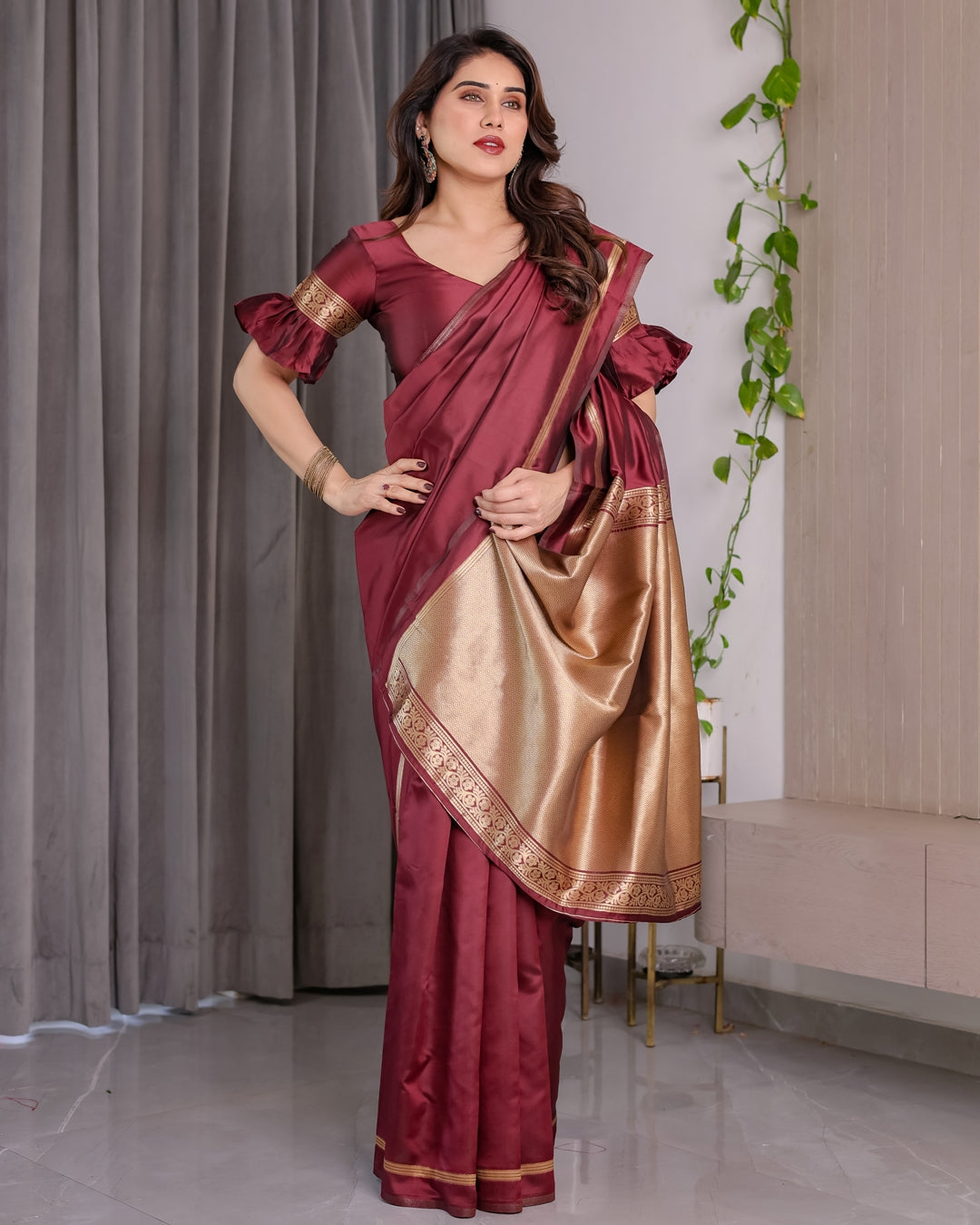 Maroon Banarasi Soft Silk Saree with Golden Zari Border 4 for Women