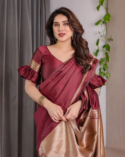 Maroon Banarasi Soft Silk Saree with Golden Zari Border 4 for Women
