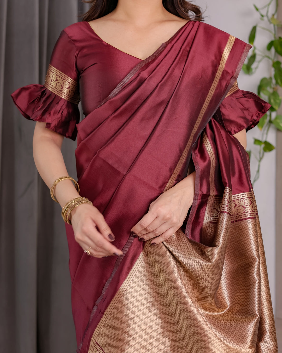 Maroon Banarasi Soft Silk Saree with Golden Zari Border 4 for Women