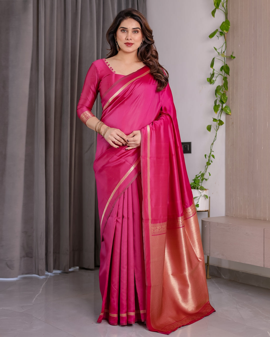 Pink Banarasi Soft Silk Saree with Golden Zari Border for Women