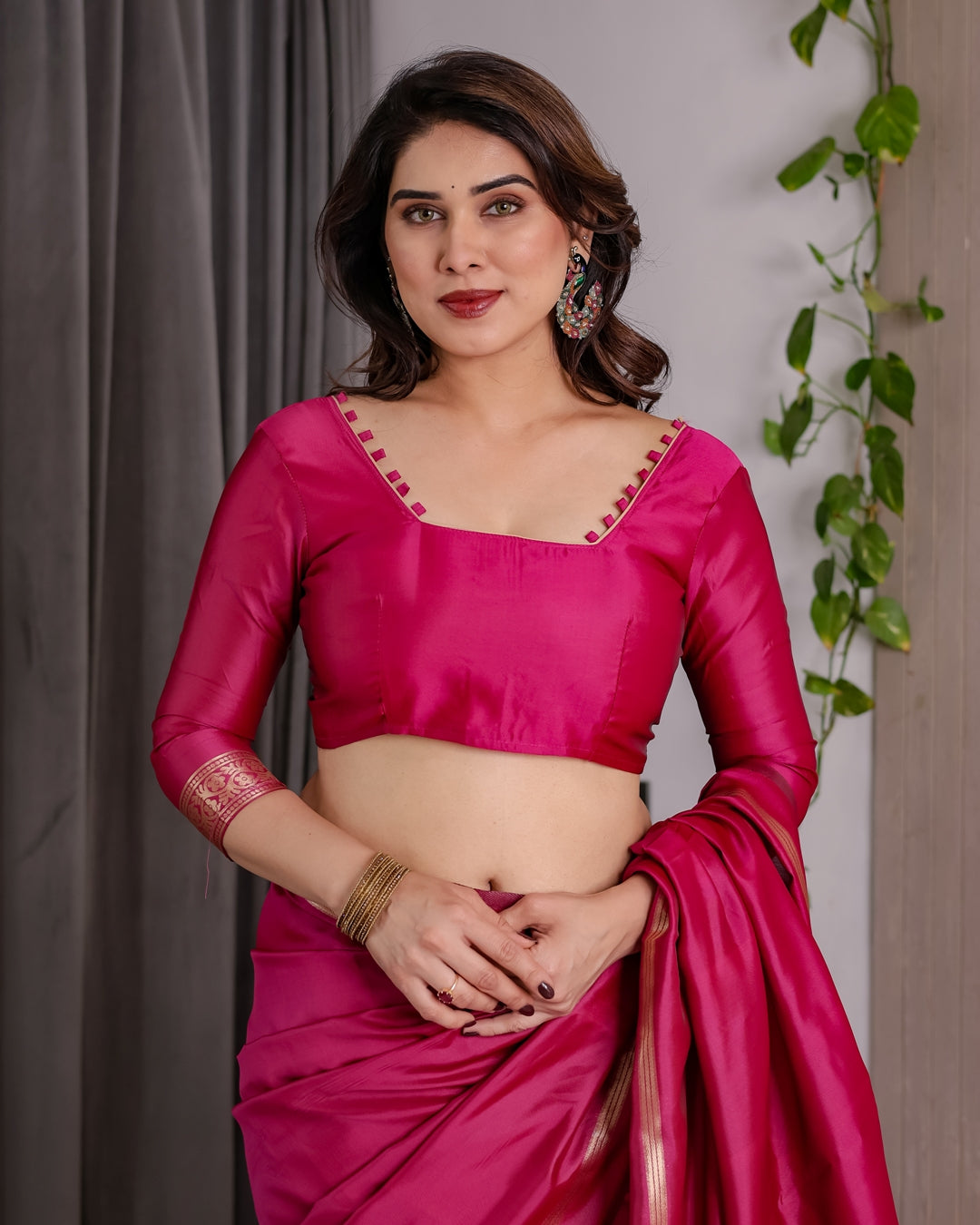 Pink Banarasi Soft Silk Saree with Golden Zari Border for Women