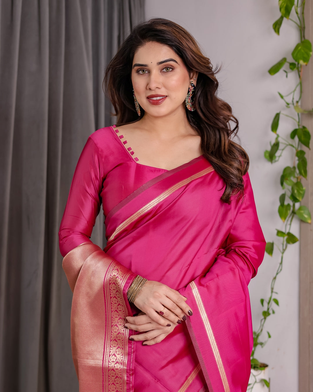 Pink Banarasi Soft Silk Saree with Golden Zari Border for Women