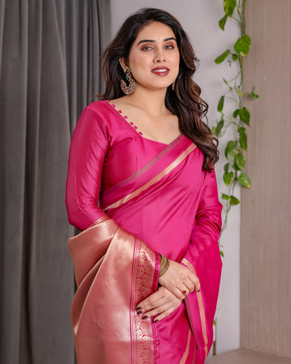 Pink Banarasi Soft Silk Saree with Golden Zari Border for Women