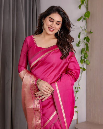 Pink Banarasi Soft Silk Saree with Golden Zari Border for Women