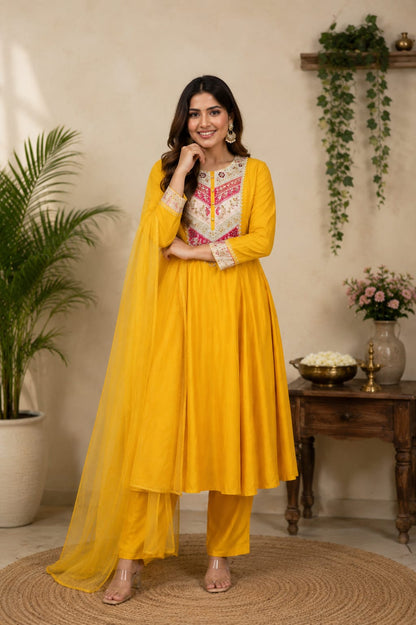 Mustard Viscose Chanderi Kurta Set with Sequence Embroidery for Women