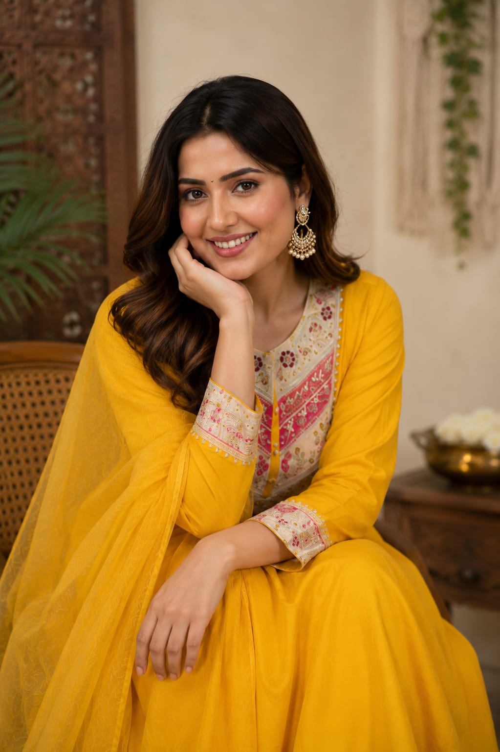 Mustard Viscose Chanderi Kurta Set with Sequence Embroidery for Women