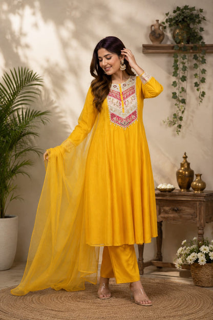 Mustard Viscose Chanderi Kurta Set with Sequence Embroidery for Women