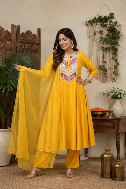 Mustard Viscose Chanderi Kurta Set with Sequence Embroidery for Women