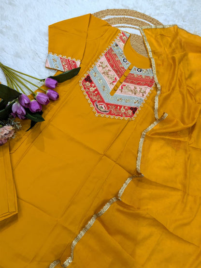 Mustard Viscose Chanderi Kurta Set with Sequence Embroidery for Women