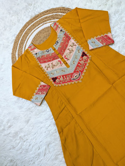 Mustard Viscose Chanderi Kurta Set with Sequence Embroidery for Women