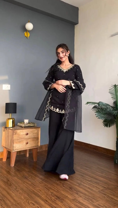 Black Heavy Silk Crepe Kurta Set with Sequence Embroidery for Women