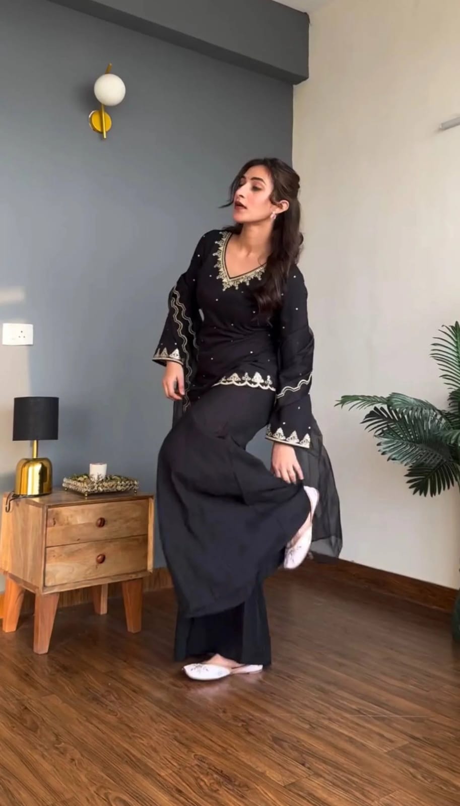 Black Heavy Silk Crepe Kurta Set with Sequence Embroidery for Women