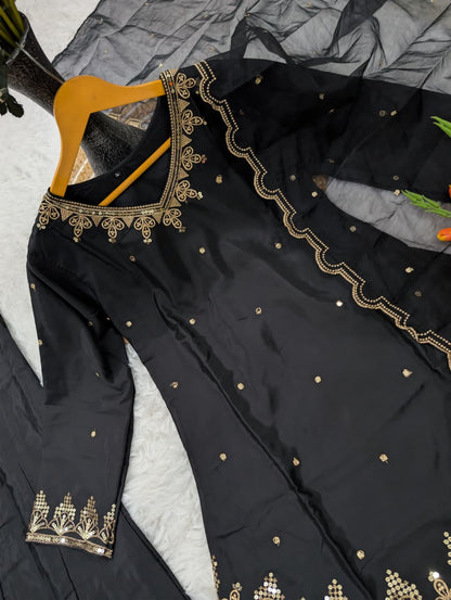 Black Heavy Silk Crepe Kurta Set with Sequence Embroidery for Women