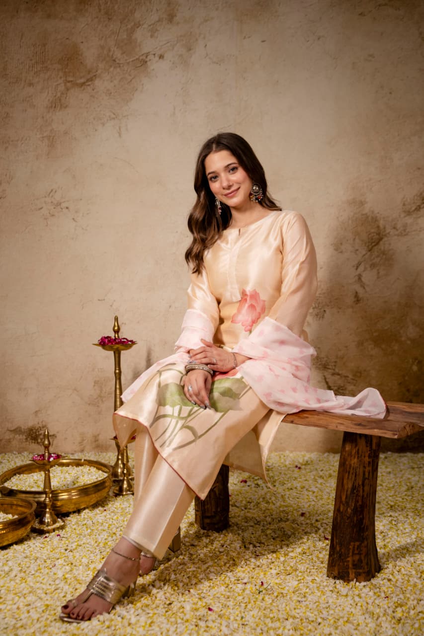 Peach Assam Silk Kurta Set with Printed Organza Dupatta for Women
