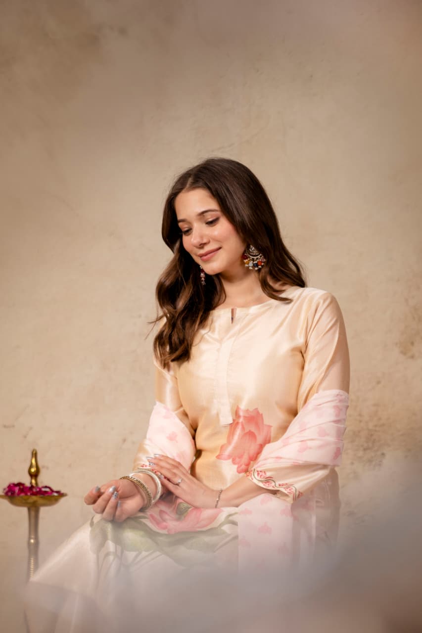 Peach Assam Silk Kurta Set with Printed Organza Dupatta for Women