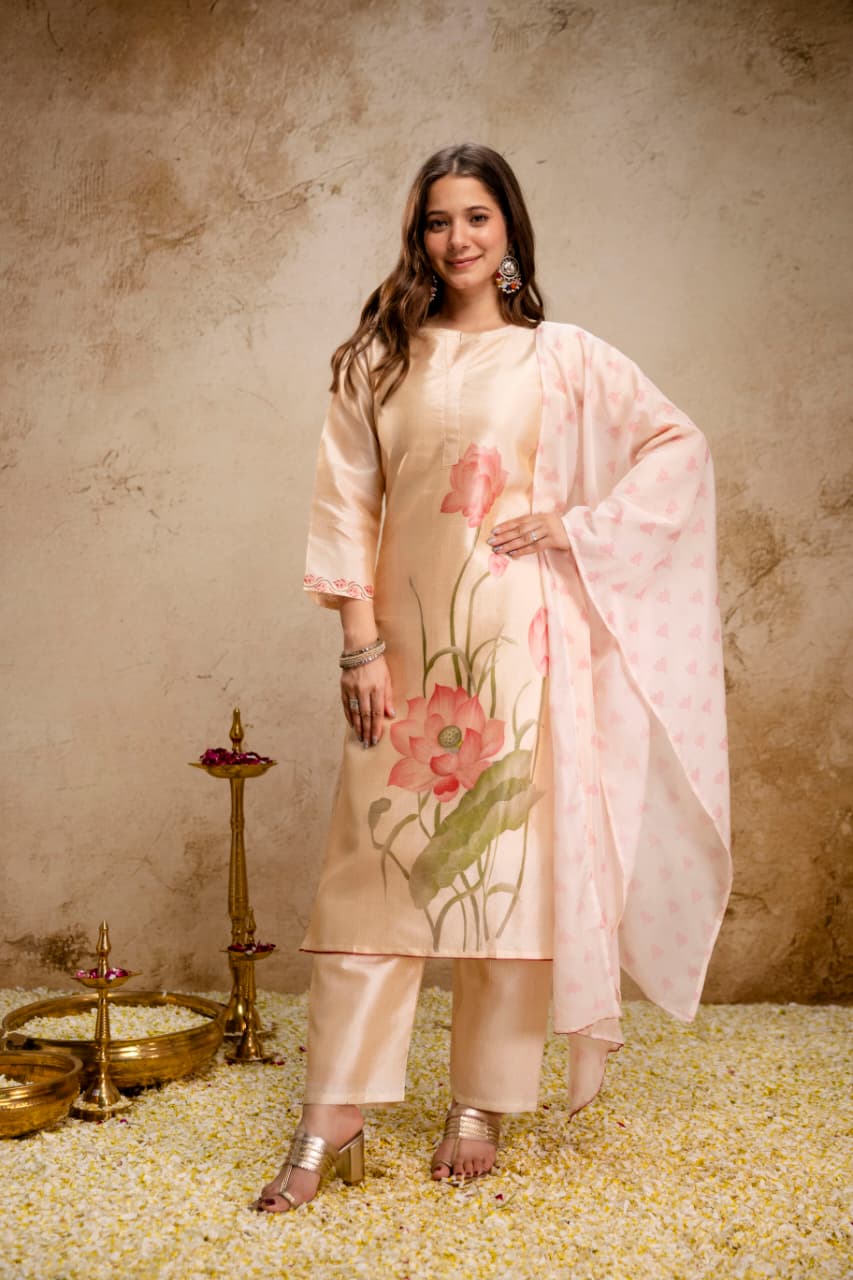 Peach Assam Silk Kurta Set with Printed Organza Dupatta for Women