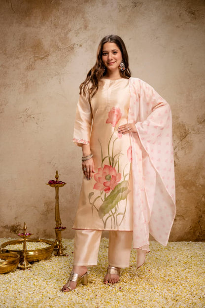 Peach Assam Silk Kurta Set with Printed Organza Dupatta for Women