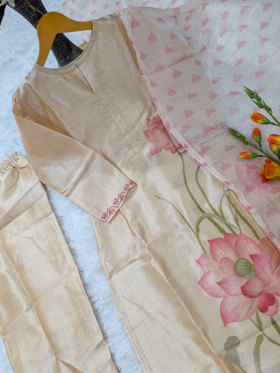 Peach Assam Silk Kurta Set with Printed Organza Dupatta for Women