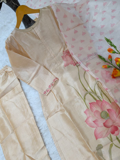 Peach Assam Silk Kurta Set with Printed Organza Dupatta for Women