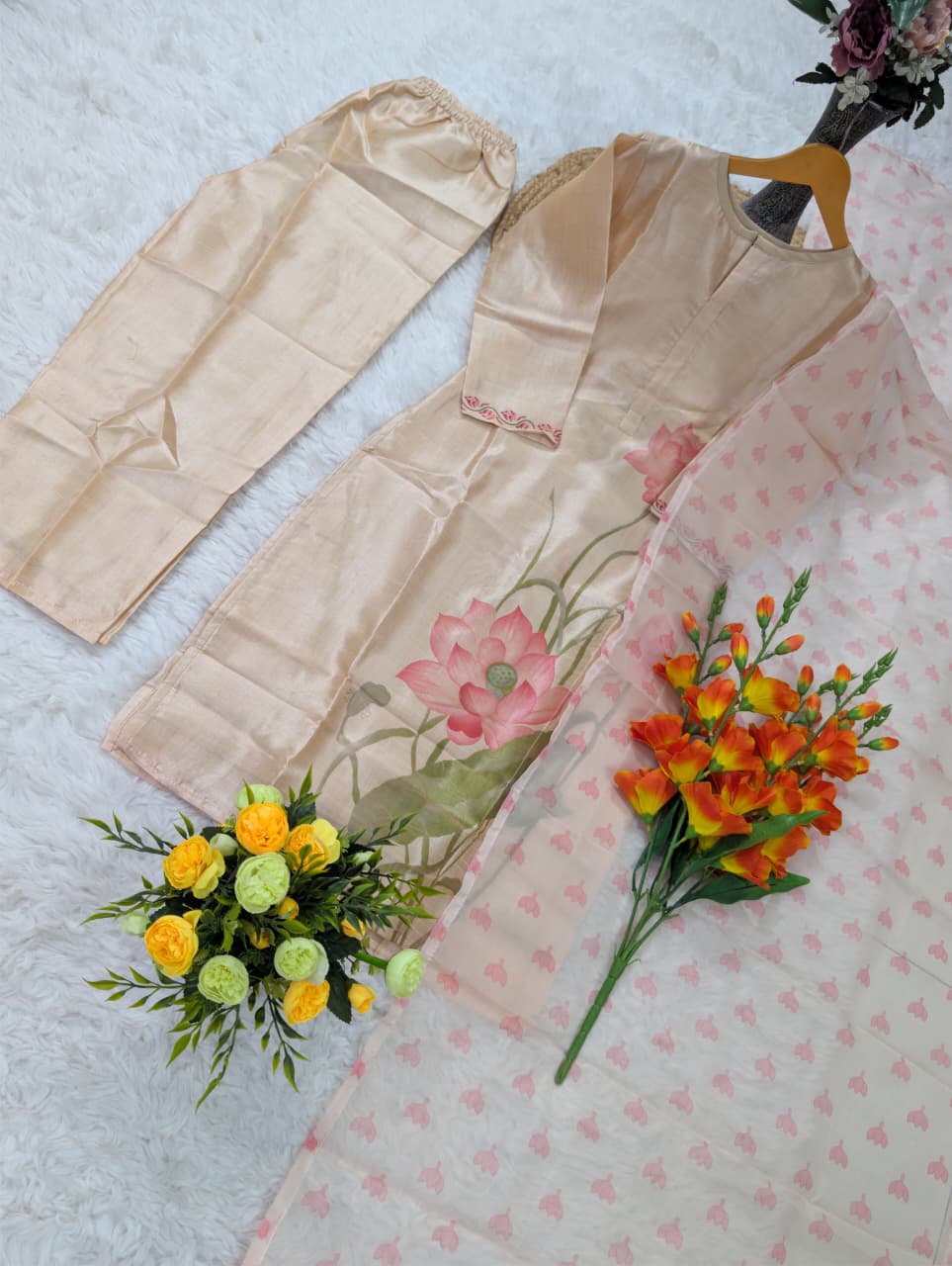 Peach Assam Silk Kurta Set with Printed Organza Dupatta for Women