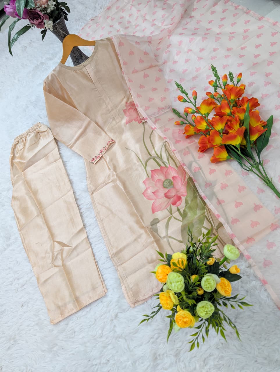 Peach Assam Silk Kurta Set with Printed Organza Dupatta for Women
