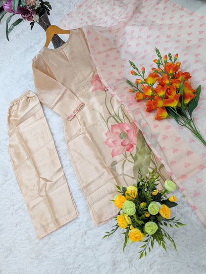 Peach Assam Silk Kurta Set with Printed Organza Dupatta for Women