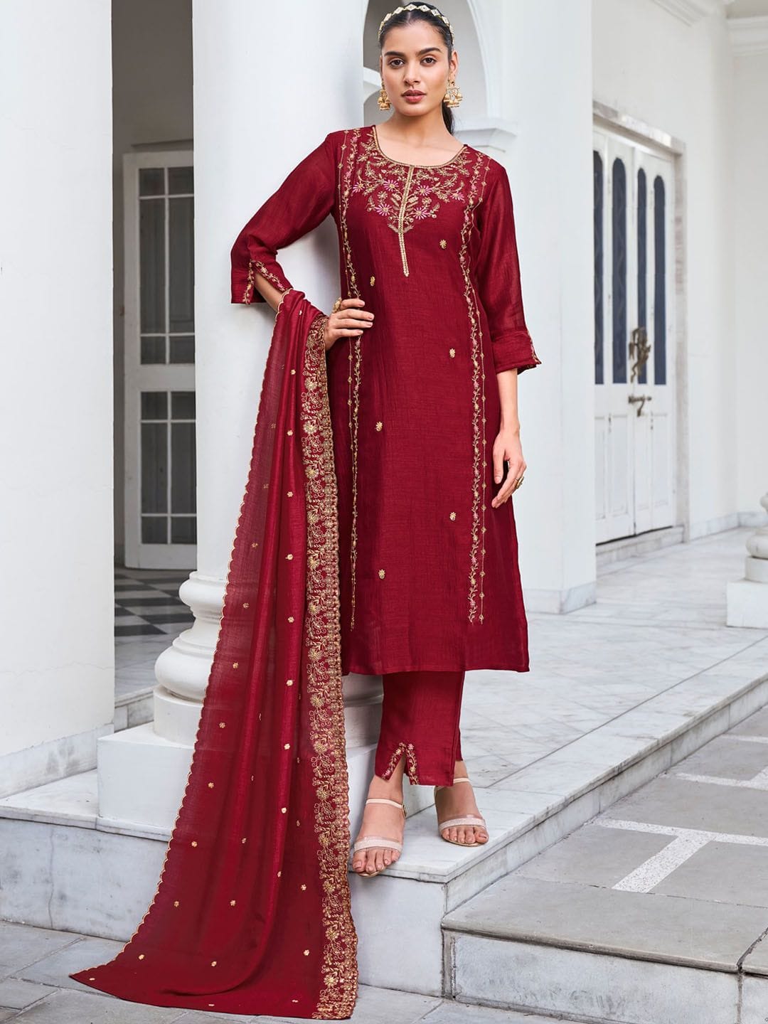 Wine Pure Vichitra Silk Kurta Set with Sequin Work &amp; Dupatta