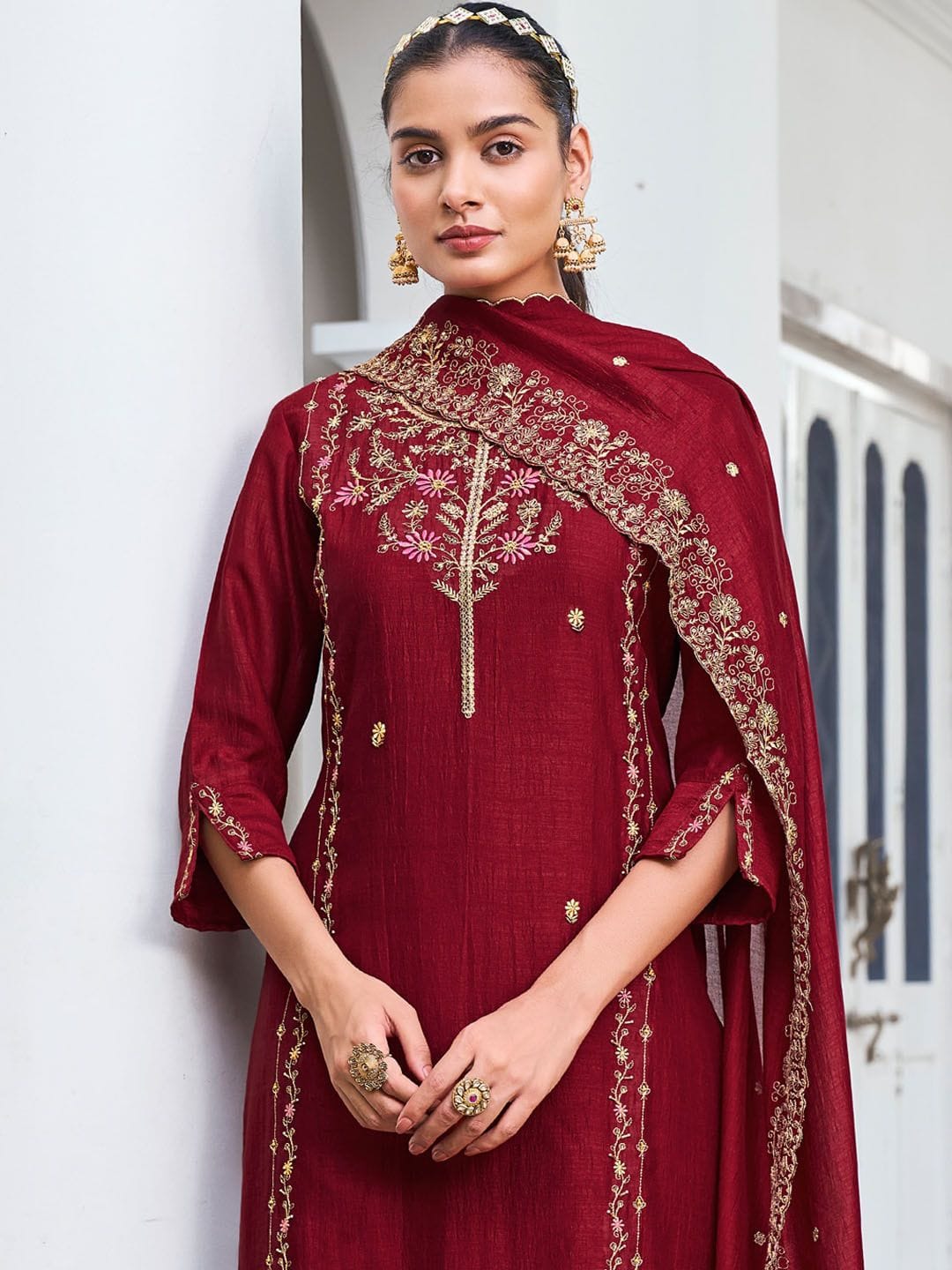 Wine Pure Vichitra Silk Kurta Set with Sequin Work &amp; Dupatta