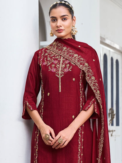 Wine Pure Vichitra Silk Kurta Set with Sequin Work &amp; Dupatta