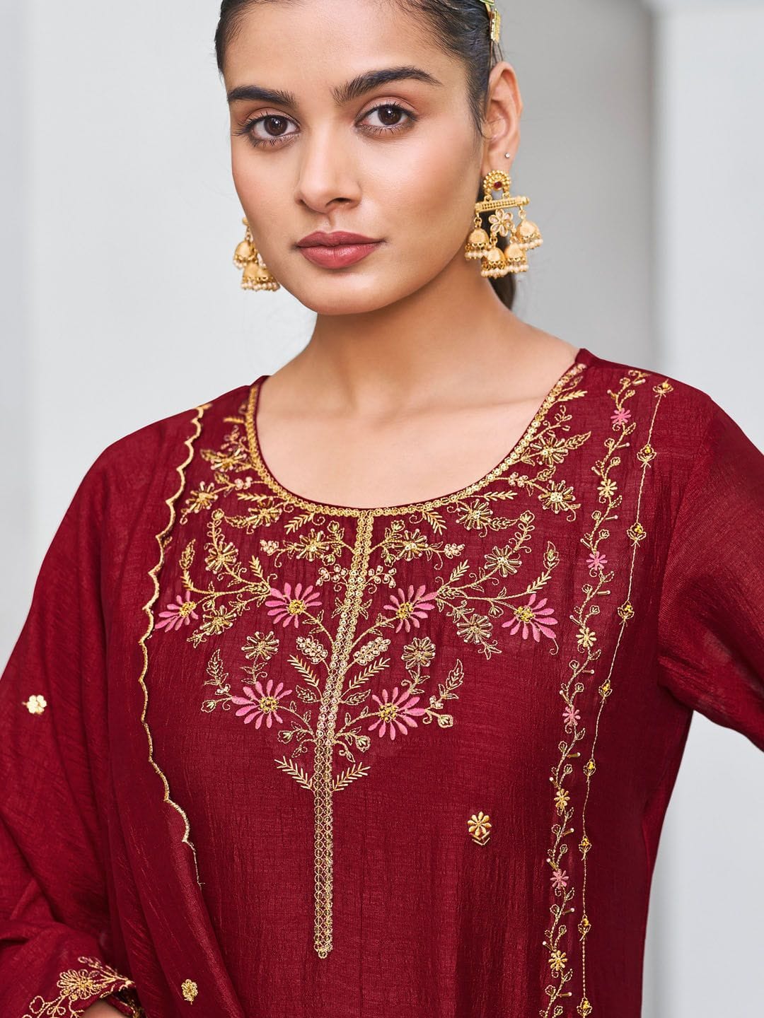 Wine Pure Vichitra Silk Kurta Set with Sequin Work &amp; Dupatta