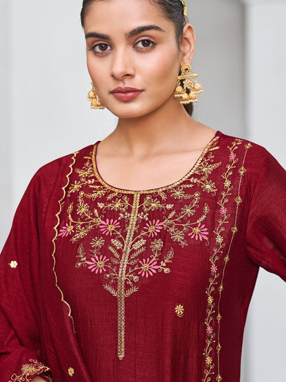 Wine Pure Vichitra Silk Kurta Set with Sequin Work &amp; Dupatta