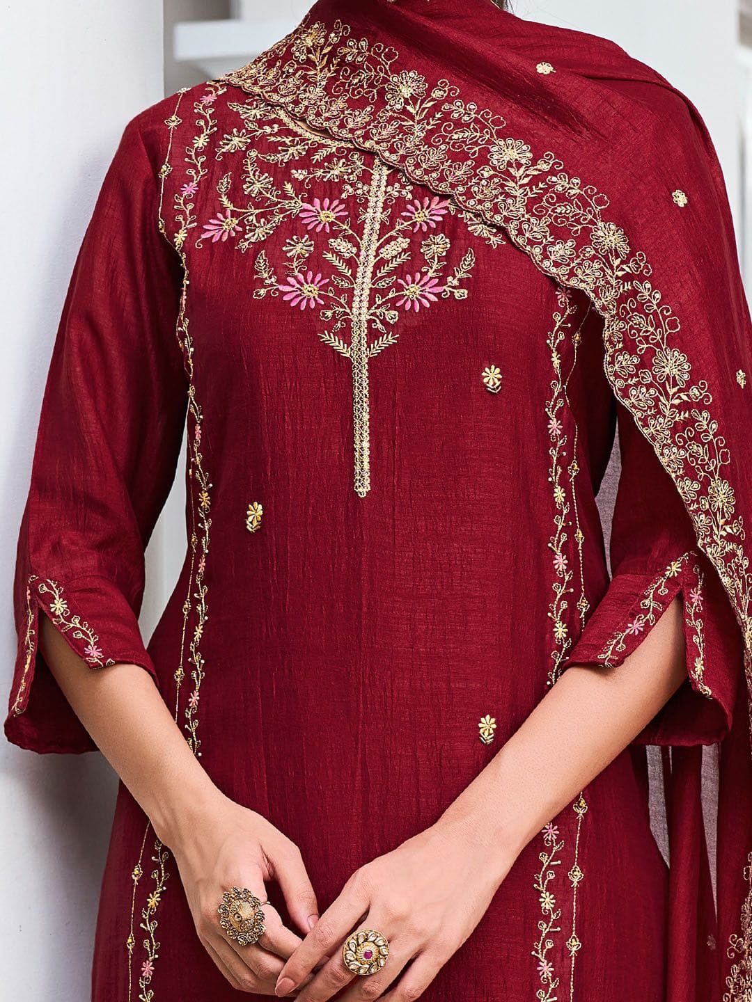 Wine Pure Vichitra Silk Kurta Set with Sequin Work &amp; Dupatta