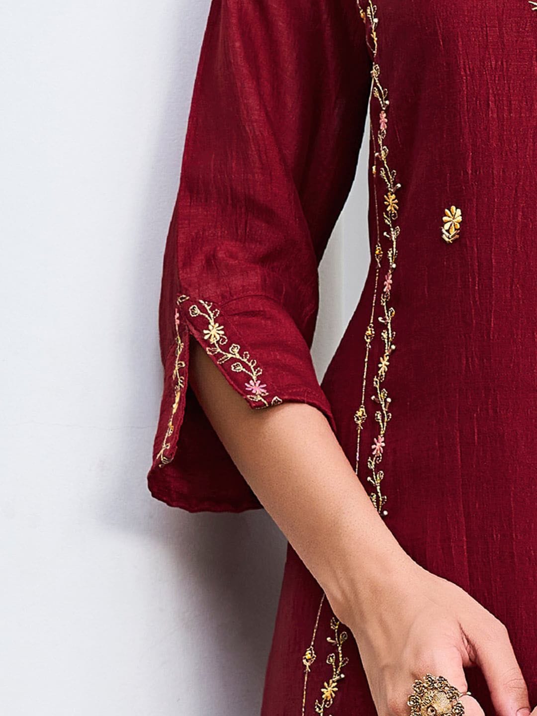 Wine Pure Vichitra Silk Kurta Set with Sequin Work &amp; Dupatta