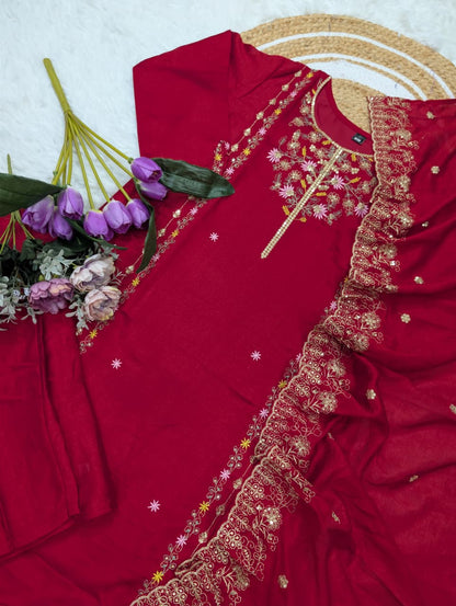 Wine Pure Vichitra Silk Kurta Set with Sequin Work &amp; Dupatta