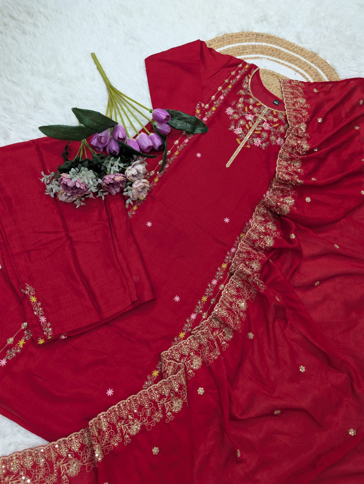 Wine Pure Vichitra Silk Kurta Set with Sequin Work &amp; Dupatta