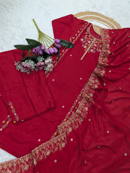 Wine Pure Vichitra Silk Kurta Set with Sequin Work &amp; Dupatta