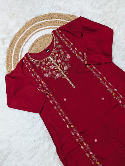Wine Pure Vichitra Silk Kurta Set with Sequin Work &amp; Dupatta