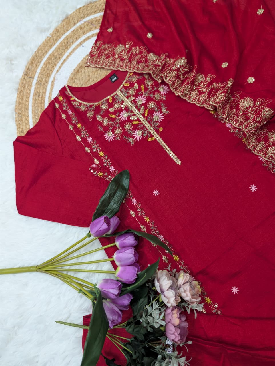 Wine Pure Vichitra Silk Kurta Set with Sequin Work &amp; Dupatta